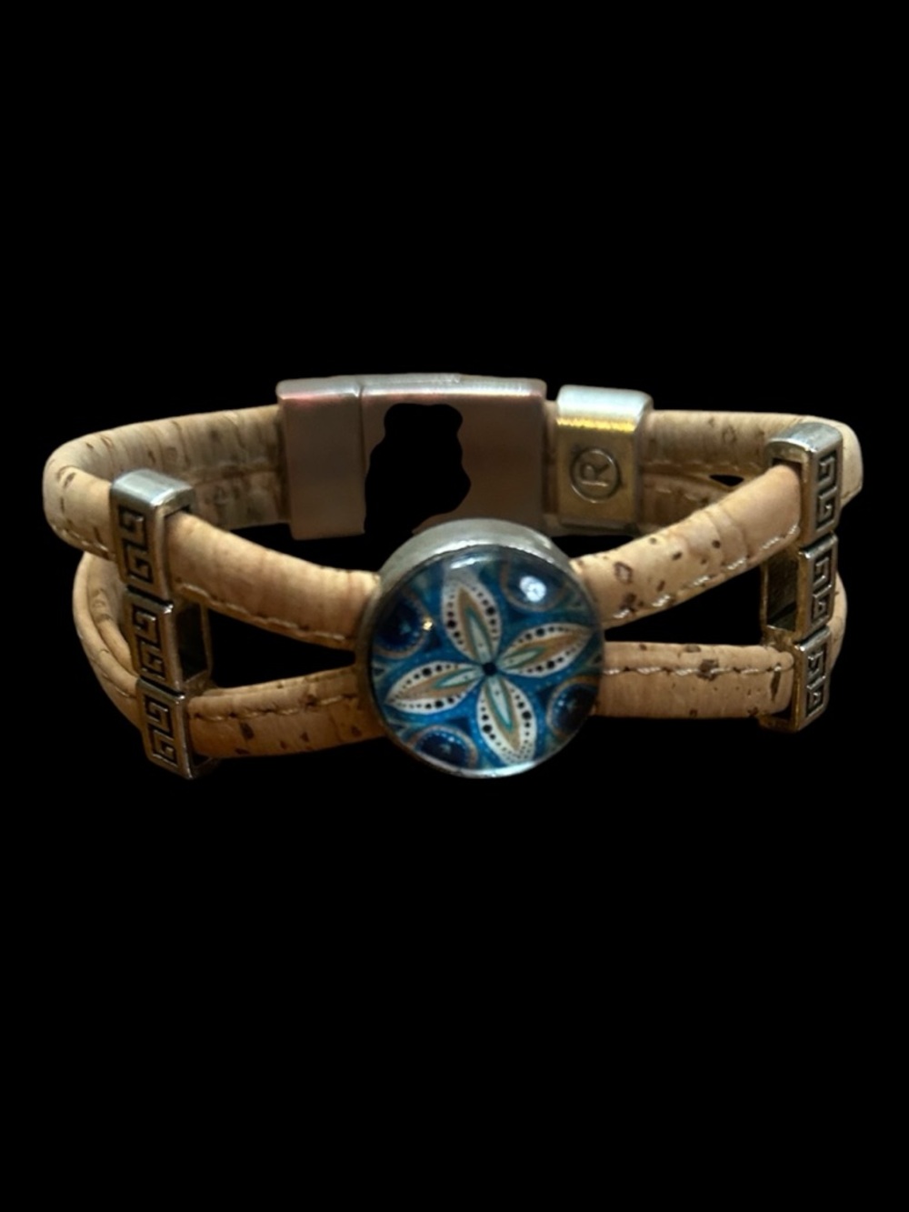 Blue Floral Medallion Double-Strap Cork Bracelet